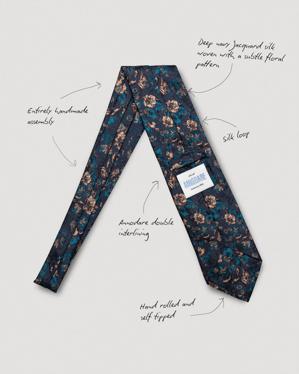 Vittorio nude petrol floral silk tie